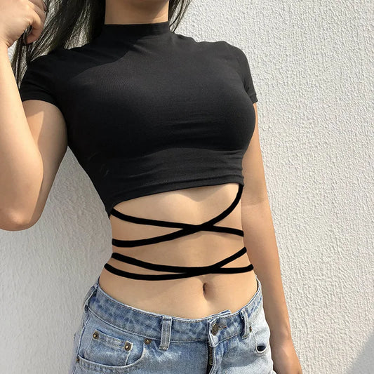 Lace Up Cropped T-shirts  O-Neck